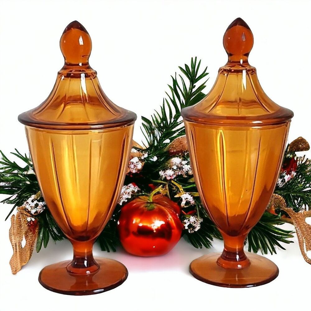 Mid Century Cambridge Butterscotch Glass Compote Candy Dishes Pair - 8.5" Tall